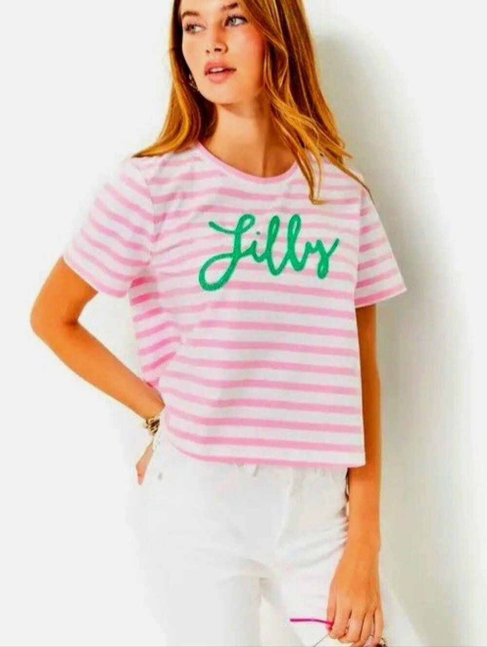 NEW Lilly Pulitzer Keenan Conch Shell Pink Stripe Crop Tee Shirt Top Sz Lg NWT